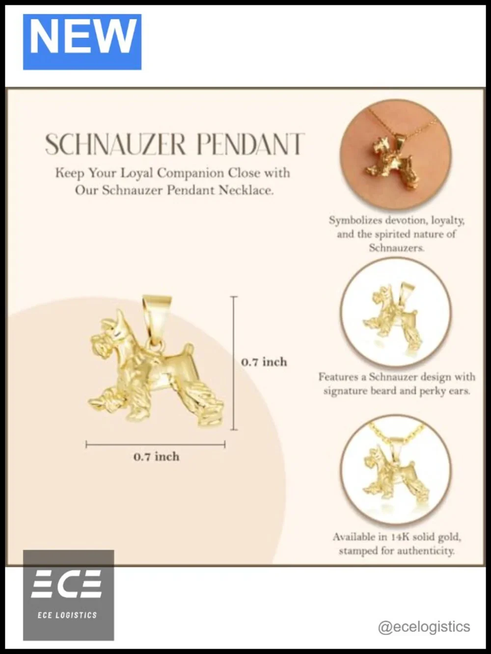 10K Solid Gold Schnauzer Dog Pendant Necklace Fine Jewelry Gift